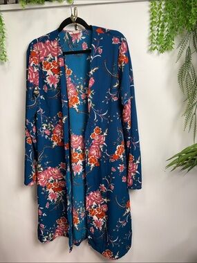 Women's Teal Floral Open-Front Robe Cardigan